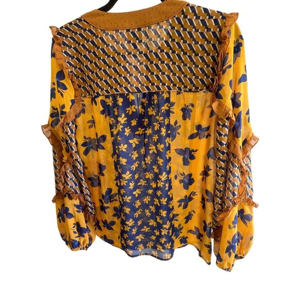 Cabi Harmony Gold Navy Ruffle Floral Peasant Blouse top Cottage Core XS Boho - Picture 3 of 7
